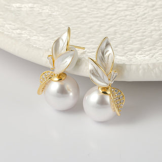 Arch14 Elegant Leaf & Pearl 18K Gold - Plated Drop Earrings by Arch14 – Earrings photo