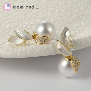 Arch14 Elegant Leaf & Pearl 18K Gold - Plated Drop Earrings by Arch14 – Earrings photo