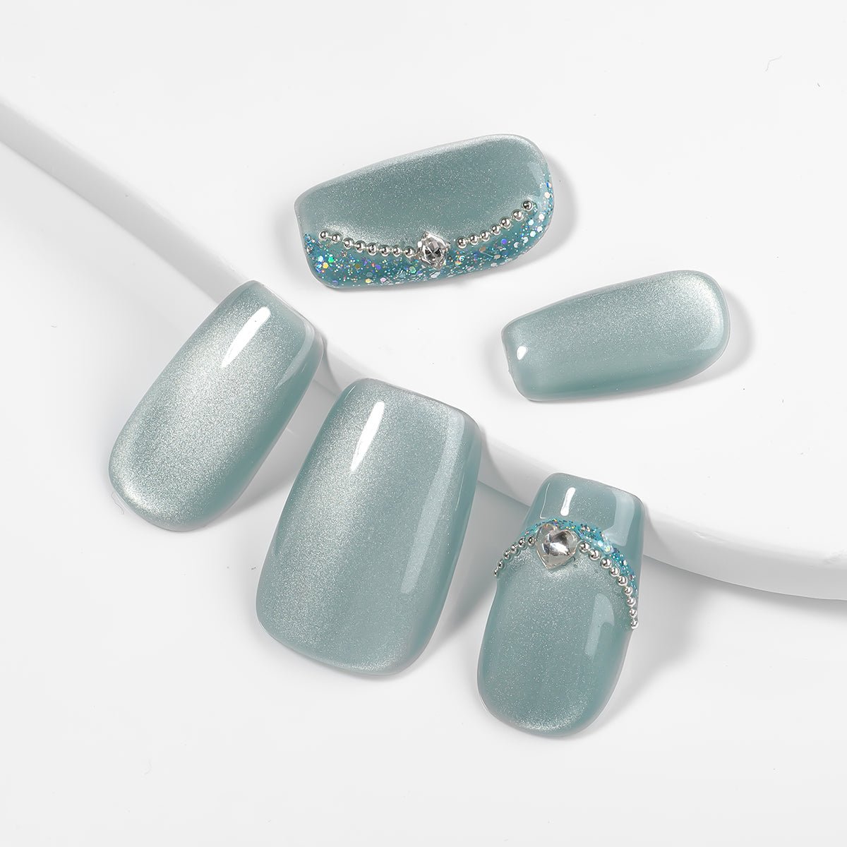 Kiokii Handmade Press - On Nails - Elegant Azure Cat's Eye by Kiokii and... – Press - On Nails