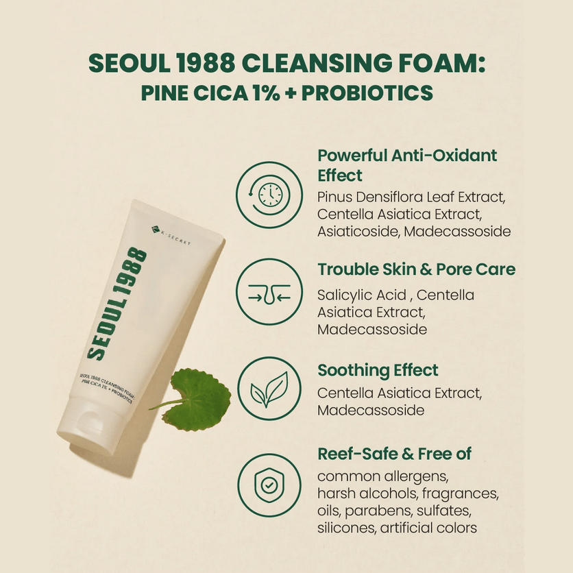 KSECRET SEOUL 1988 Cleansing Foam: Pine Cica 1% + Probiotics 150ml by KSECRET – Facial Cleanser