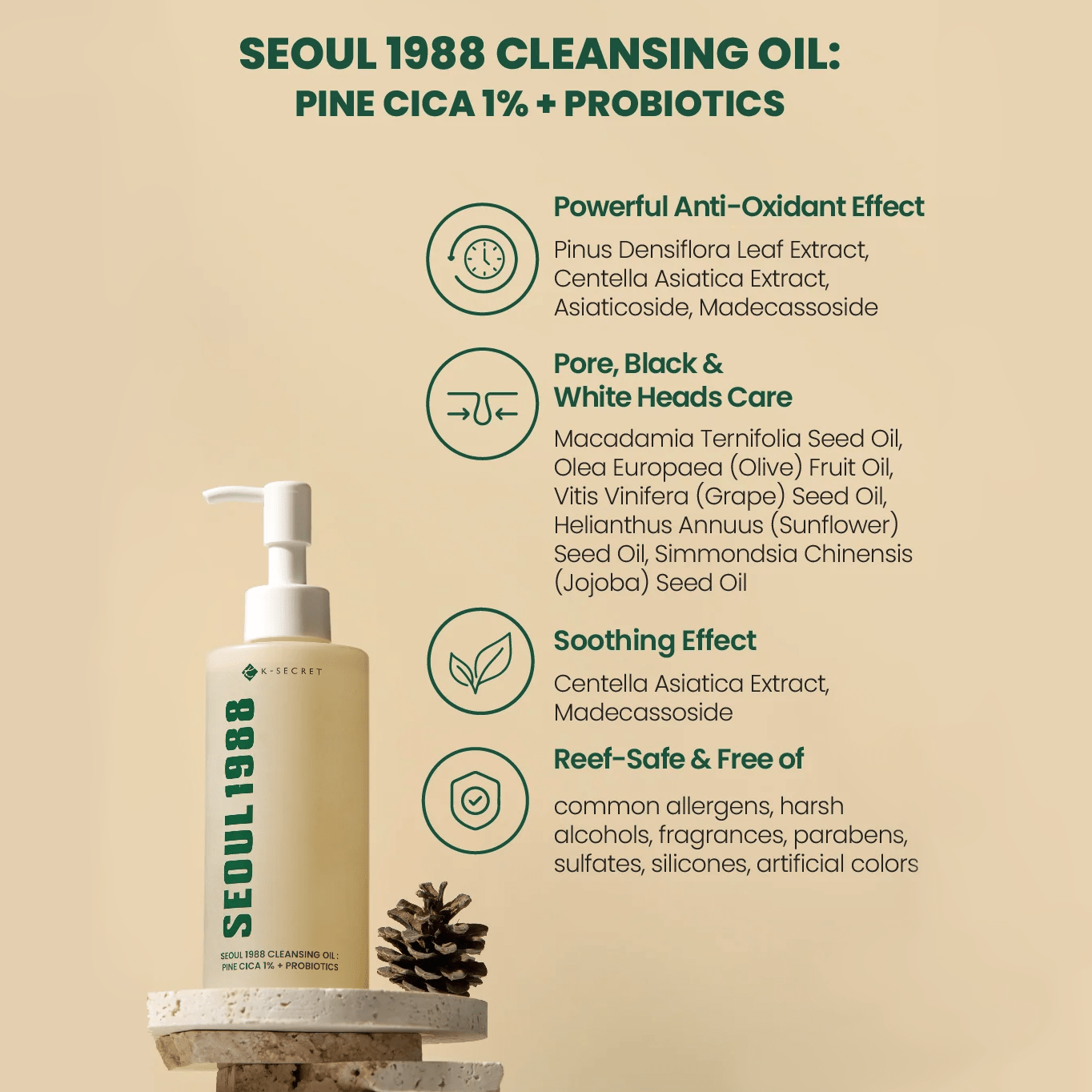 KSECRET SEOUL 1988 Cleansing Oil: Pine Cica 1% + Probiotics 200ml by KSECRET – Makeup Remover