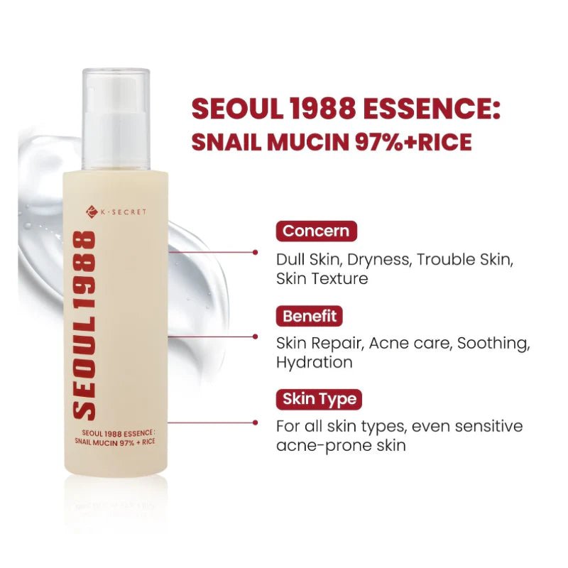 KSECRET SEOUL 1988 Essence: Snail Mucin 97% + Rice 100ml by KSECRET – Toner & Essence