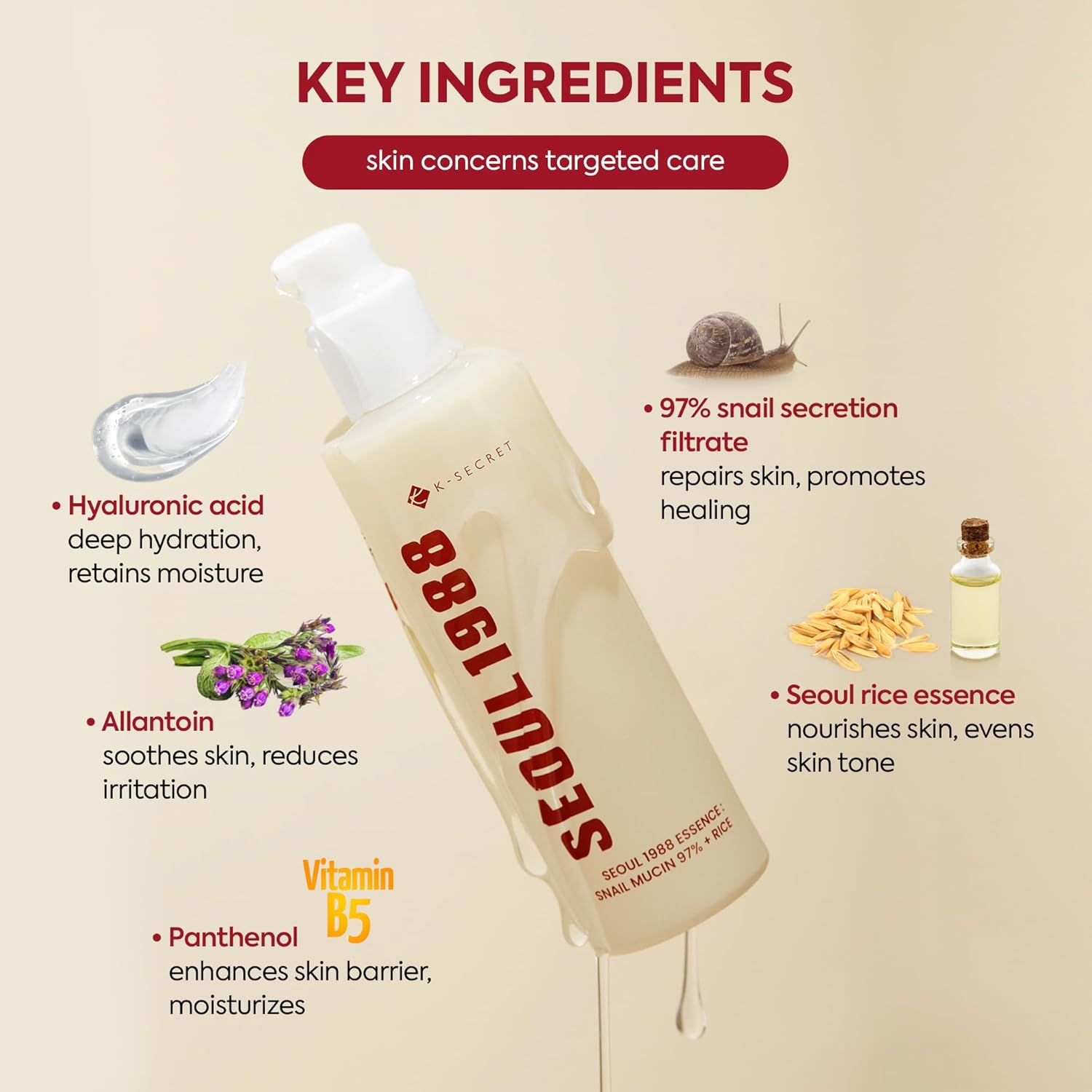 KSECRET SEOUL 1988 Essence: Snail Mucin 97% + Rice 100ml by KSECRET – Toner & Essence