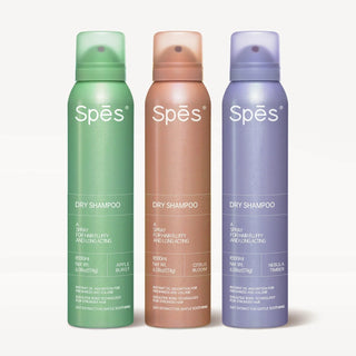 Green, bronze, and blue Dry shampoo bottles from Spes